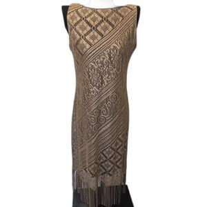 Vtg Y2k 90s Sheath Dress Metallic Crochet Knit Lined Fringe Fairy Grunge Goth